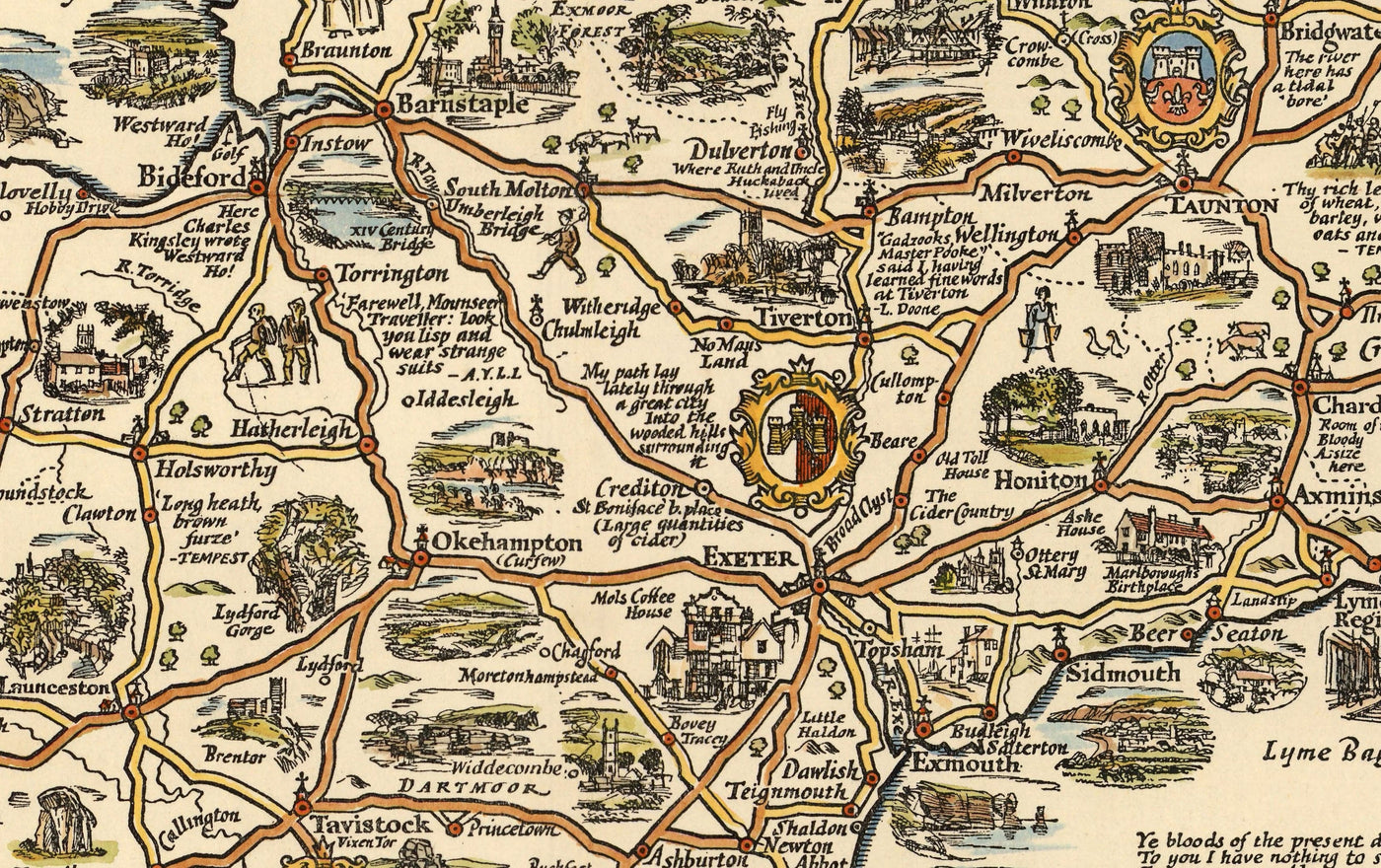 Pratts Plan des West Country, 1932 von A.E. Taylor - Somerset, Dorset, Devon, Cornwall - Alte Vintage-Autokarte - Esso, Standard Oil 