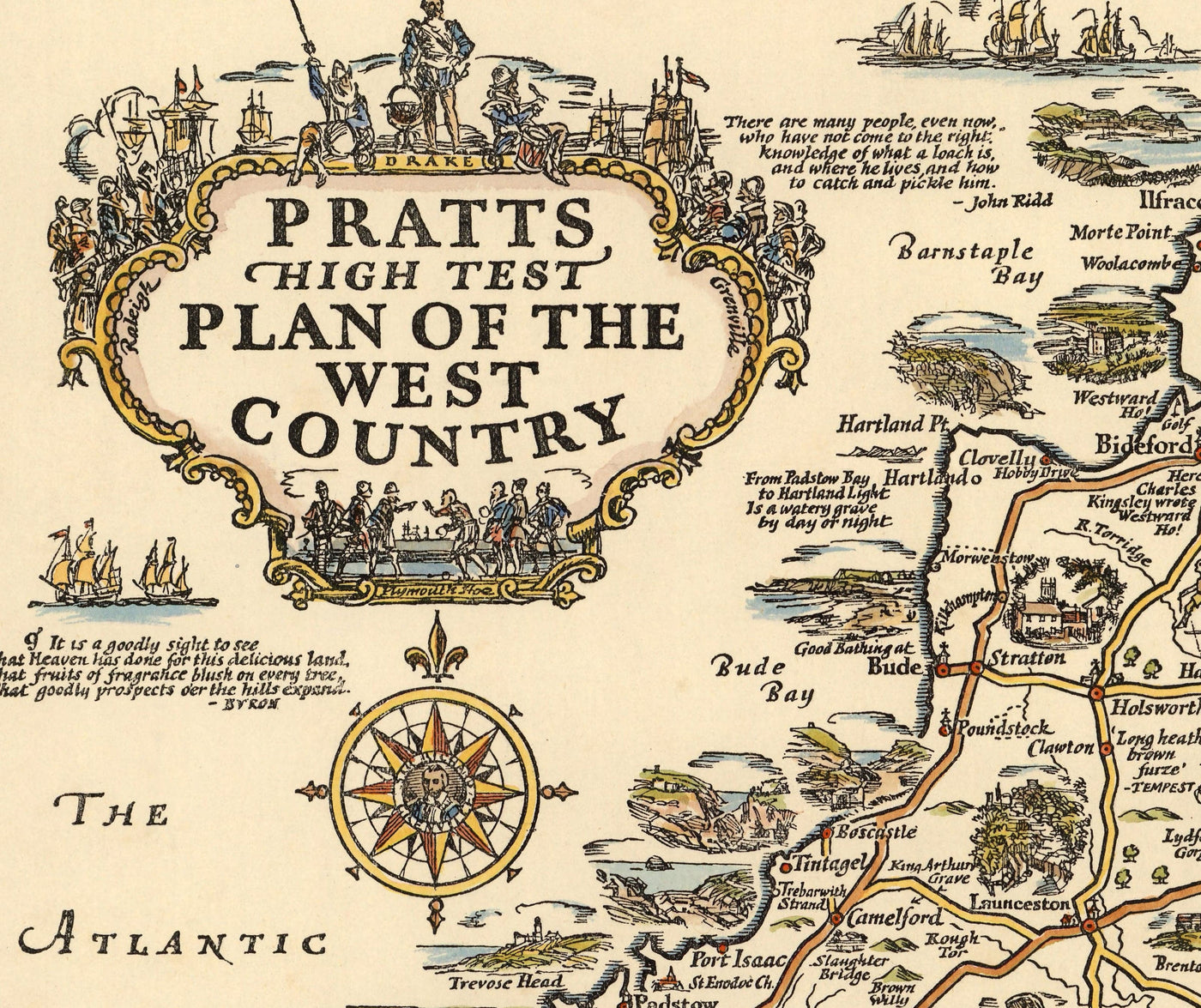 Pratts Plan des West Country, 1932 von A.E. Taylor - Somerset, Dorset, Devon, Cornwall - Alte Vintage-Autokarte - Esso, Standard Oil 