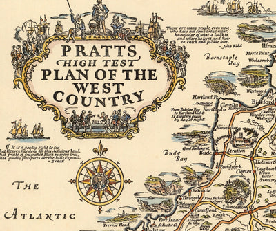 Pratts Plan des West Country, 1932 von A.E. Taylor - Somerset, Dorset, Devon, Cornwall - Alte Vintage-Autokarte - Esso, Standard Oil 