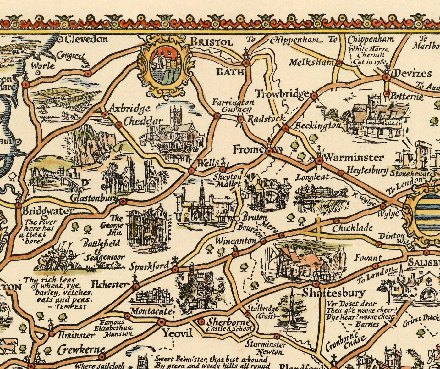 Pratts Plan des West Country, 1932 von A.E. Taylor - Somerset, Dorset, Devon, Cornwall - Alte Vintage-Autokarte - Esso, Standard Oil 
