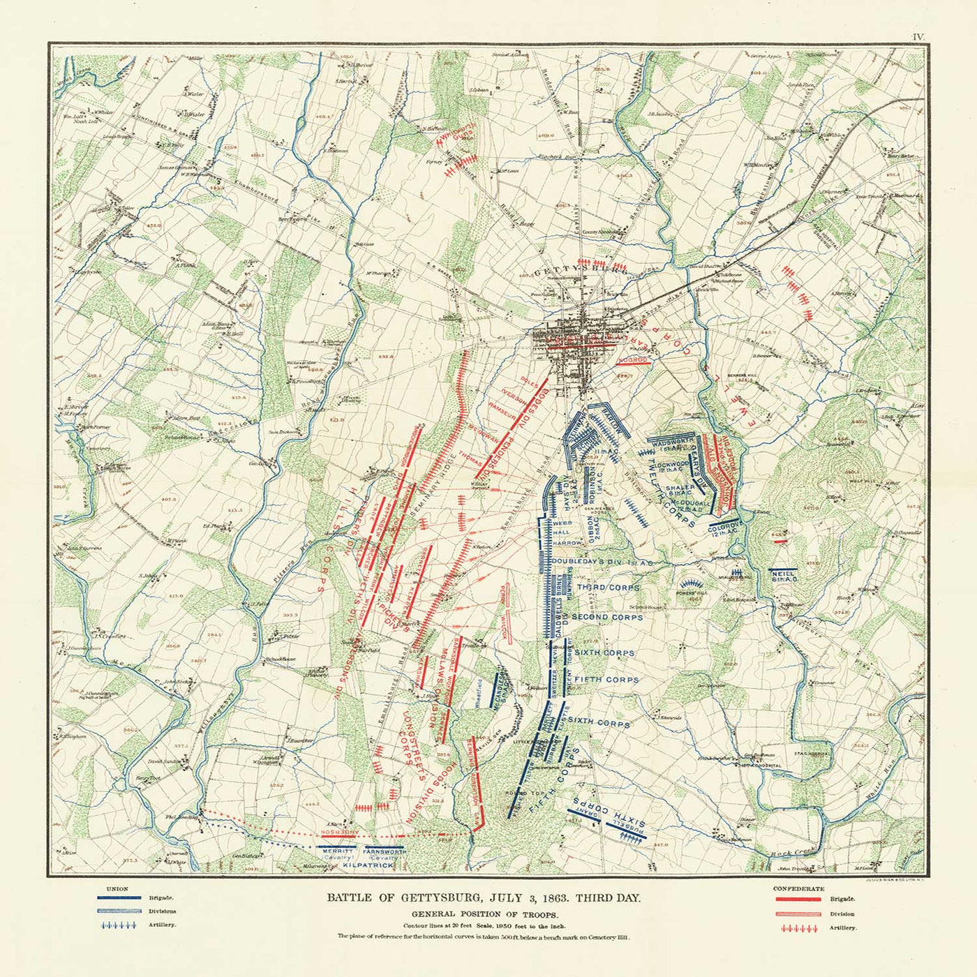 Old Map of the Battle of Gettysburg in 1900 by Julius Bien - North vs. South, Confederacy vs. Union Civil War Chart