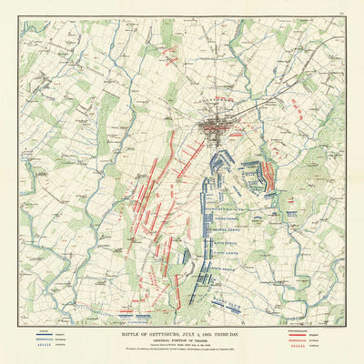 Old Map of the Battle of Gettysburg in 1900 by Julius Bien - North vs. South, Confederacy vs. Union Civil War Chart