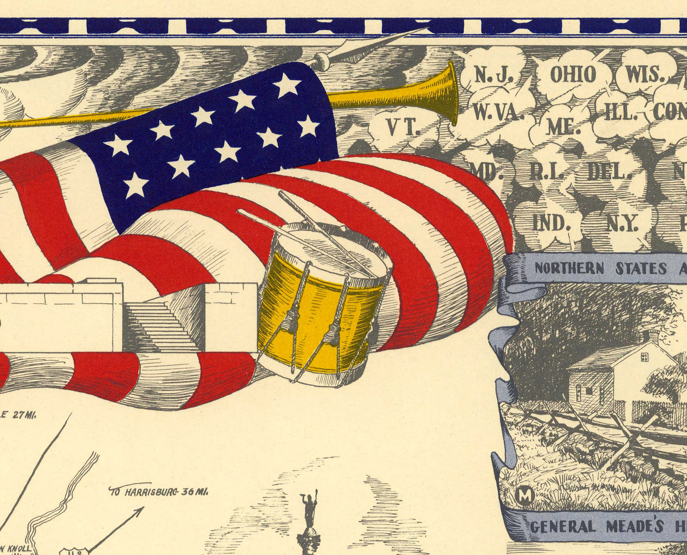 Old Map of the Battle of Gettysburg, 1863 by Barclay Rubincam - Civil War - Confederacy vs. Union Memorial Chart