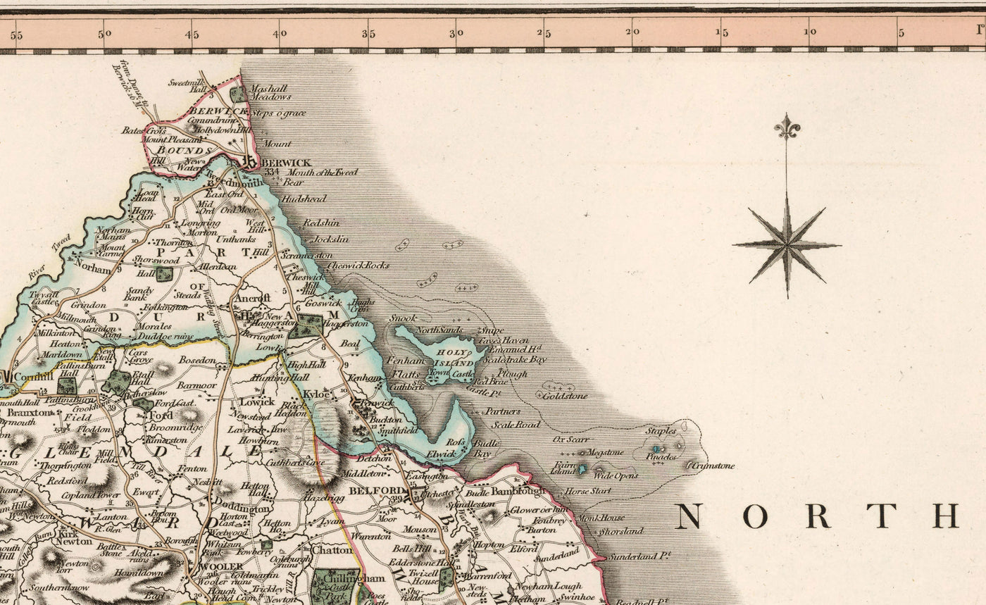 Old Map of Northumberland in 1801 by John Cary - Newcastle, Belford, Hexham, Haltwhistle, Durham