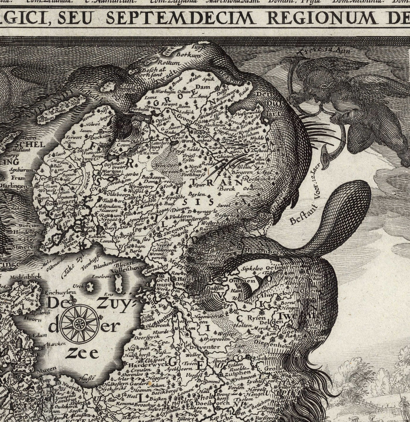 Antiguo mapa Leo Belgicus de los Países Bajos en 1611 por C. Janszoon Visscher - Países Bajos, Bélgica, Bruselas, Amsterdam, Genk