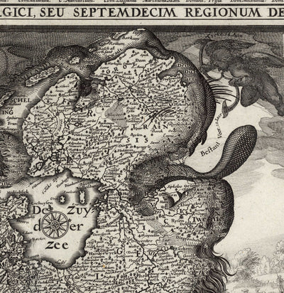Antiguo mapa Leo Belgicus de los Países Bajos en 1611 por C. Janszoon Visscher - Países Bajos, Bélgica, Bruselas, Amsterdam, Genk