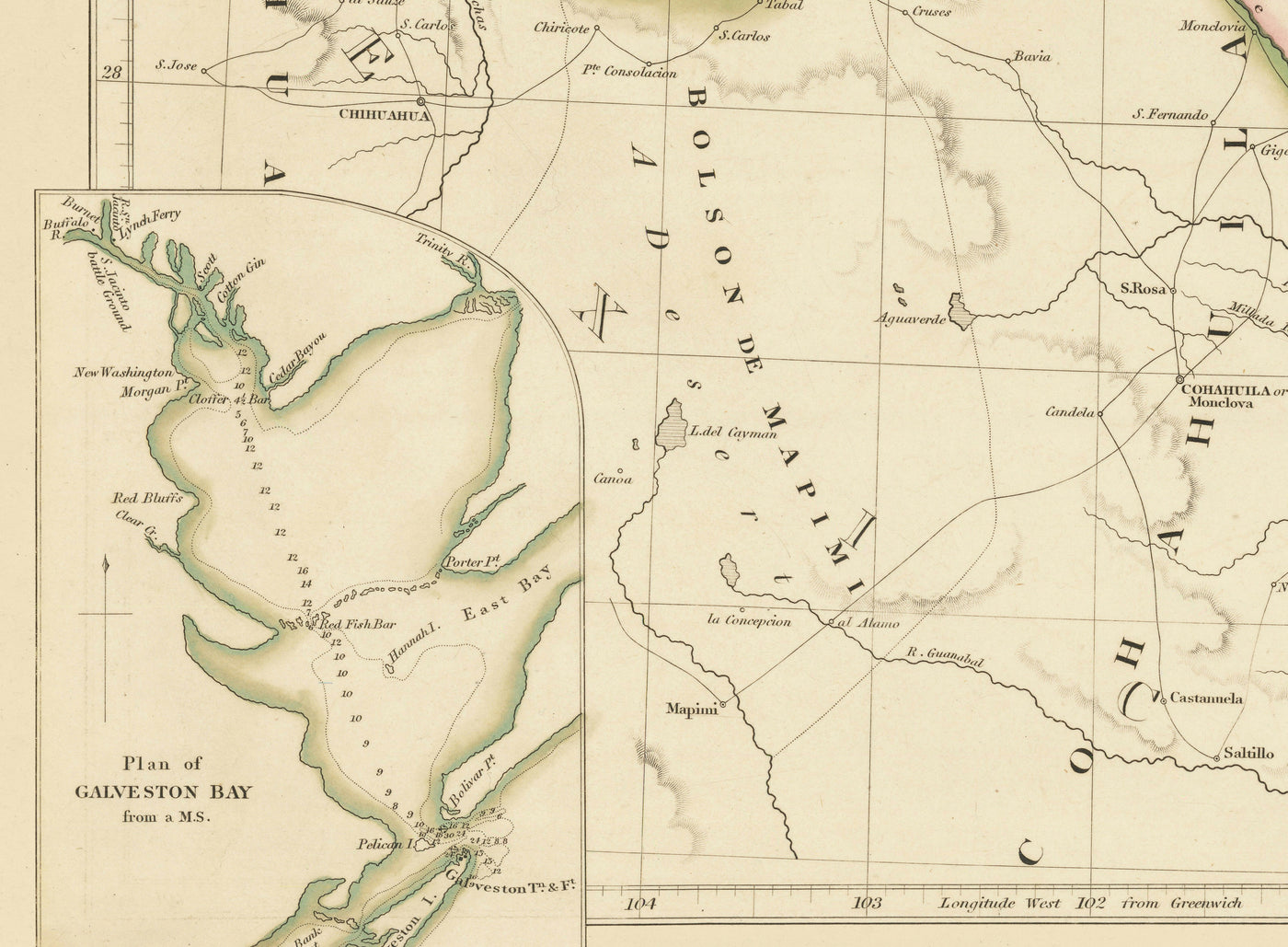 Ancienne carte de la République du Texas, 1841 - Pays indépendant avant les États-Unis, Houston, San Antonio, Golfe du Mexique