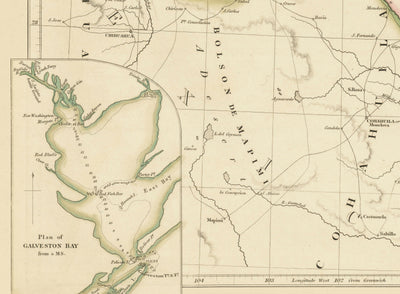Ancienne carte de la République du Texas, 1841 - Pays indépendant avant les États-Unis, Houston, San Antonio, Golfe du Mexique