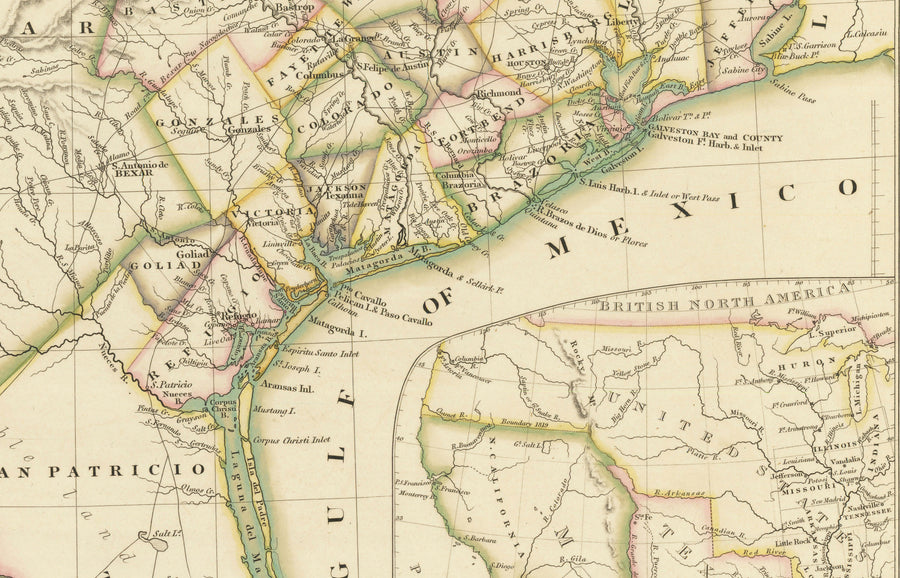 Mappa antica della Repubblica del Texas, 1841 - Paese indipendente prima degli USA, Houston, San Antonio, Golfo del Messico 