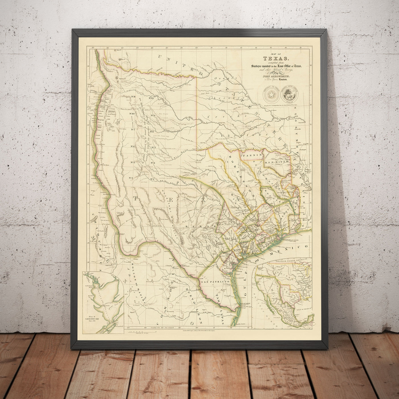 Ancienne carte de la République du Texas, 1841 - Pays indépendant avant les États-Unis, Houston, San Antonio, Golfe du Mexique