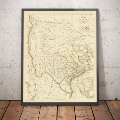 Ancienne carte de la République du Texas, 1841 - Pays indépendant avant les États-Unis, Houston, San Antonio, Golfe du Mexique