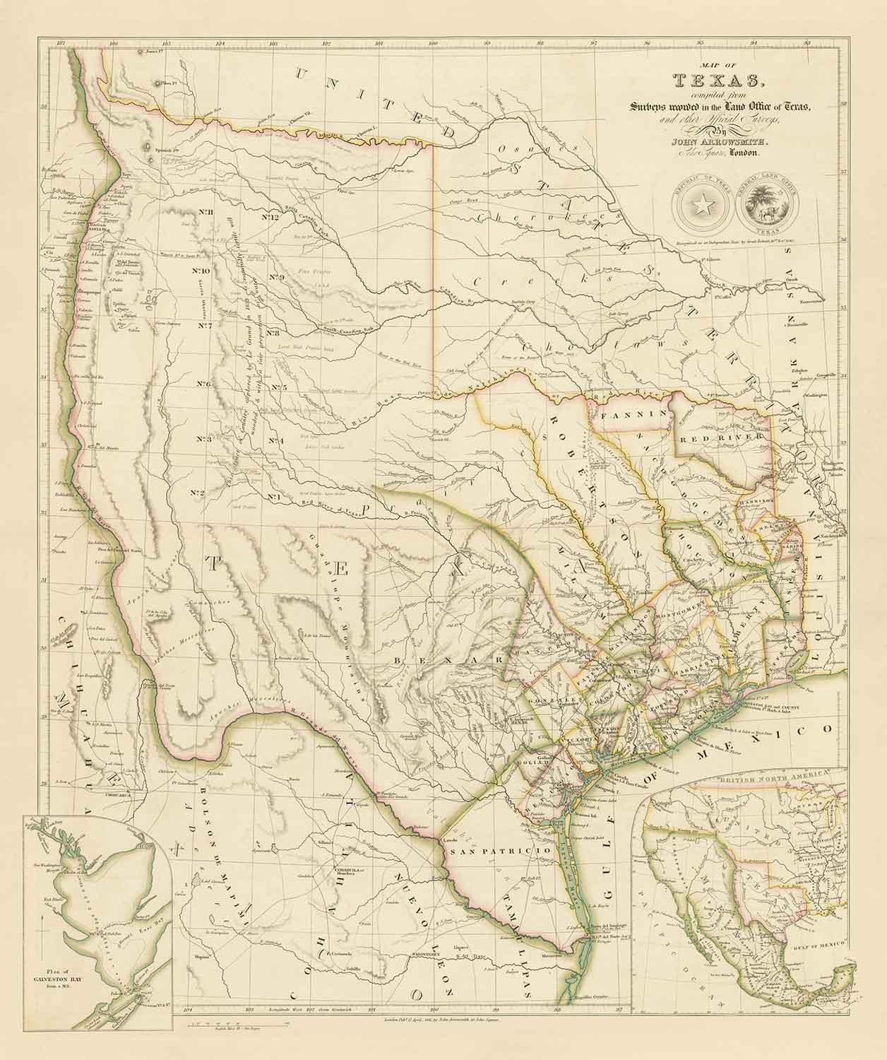 Ancienne carte de la République du Texas, 1841 - Pays indépendant avant les États-Unis, Houston, San Antonio, Golfe du Mexique