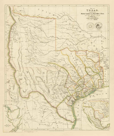 Ancienne carte de la République du Texas, 1841 - Pays indépendant avant les États-Unis, Houston, San Antonio, Golfe du Mexique