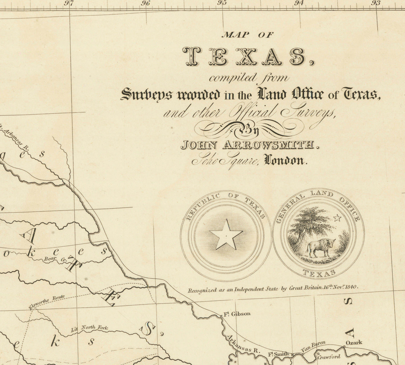 Ancienne carte de la République du Texas, 1841 - Pays indépendant avant les États-Unis, Houston, San Antonio, Golfe du Mexique