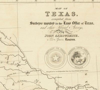 Ancienne carte de la République du Texas, 1841 - Pays indépendant avant les États-Unis, Houston, San Antonio, Golfe du Mexique
