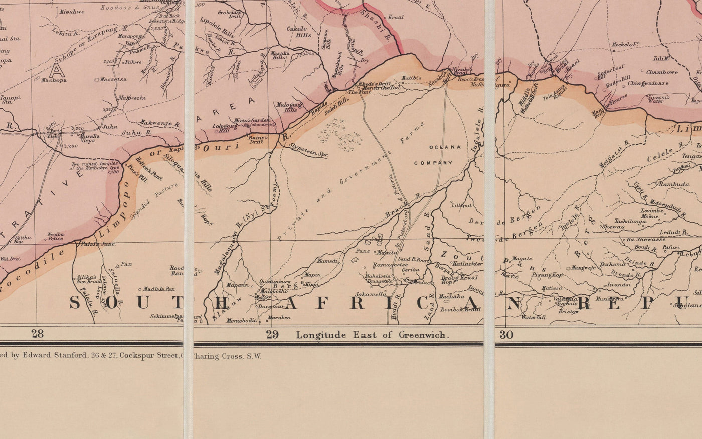 Alte Karte von kolonialem Rhodesien, 1897 von Edward Stanford - Simbabwe, Mosambik, Südafrika, Harare 
