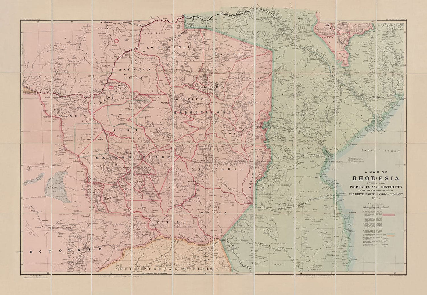 Alte Karte von kolonialem Rhodesien, 1897 von Edward Stanford - Simbabwe, Mosambik, Südafrika, Harare 