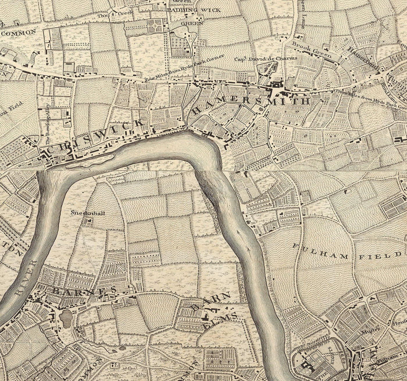 Antiguo mapa de Londres y 10 millas a la redonda, realizado por John Rocque en 1746, en el que aparecen Hackney, Wimbledon, Highgate, Richmond y otros suburbios de Londres