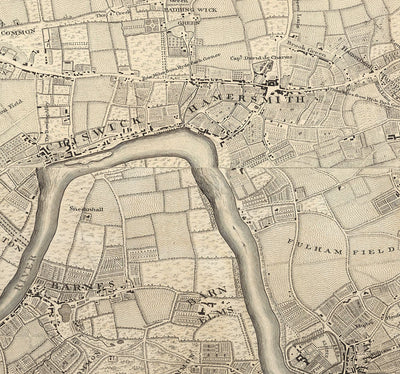 Antiguo mapa de Londres y 10 millas a la redonda, realizado por John Rocque en 1746, en el que aparecen Hackney, Wimbledon, Highgate, Richmond y otros suburbios de Londres