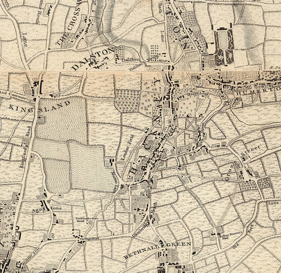 Ancienne carte de Londres et de 10 miles autour par John Rocque en 1746 - avec Hackney, Wimbledon, Highgate, Richmond et d&