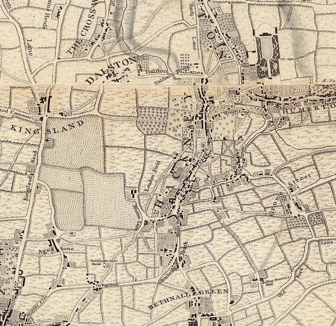 Antiguo mapa de Londres y 10 millas a la redonda, realizado por John Rocque en 1746, en el que aparecen Hackney, Wimbledon, Highgate, Richmond y otros suburbios de Londres