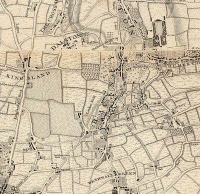 Antiguo mapa de Londres y 10 millas a la redonda, realizado por John Rocque en 1746, en el que aparecen Hackney, Wimbledon, Highgate, Richmond y otros suburbios de Londres