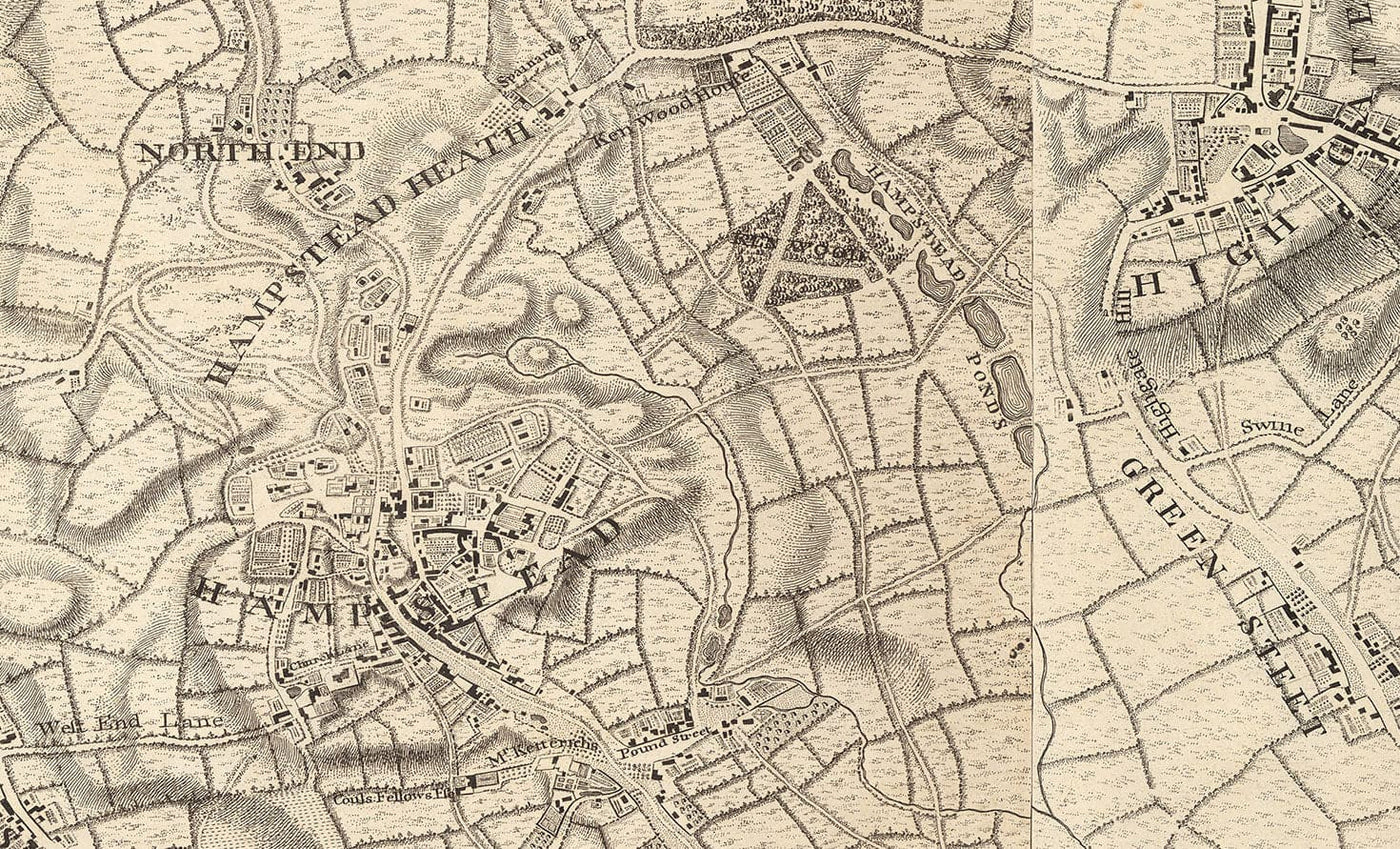Antiguo mapa de Londres y 10 millas a la redonda, realizado por John Rocque en 1746, en el que aparecen Hackney, Wimbledon, Highgate, Richmond y otros suburbios de Londres