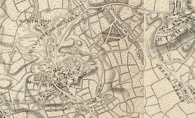Antiguo mapa de Londres y 10 millas a la redonda, realizado por John Rocque en 1746, en el que aparecen Hackney, Wimbledon, Highgate, Richmond y otros suburbios de Londres