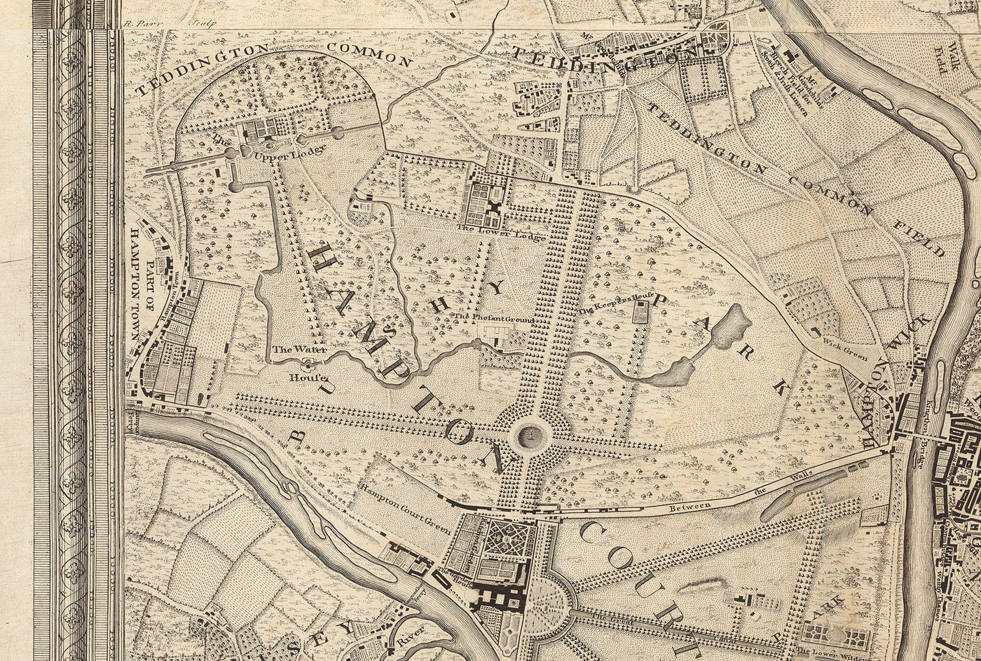 Antiguo mapa de Londres y 10 millas a la redonda, realizado por John Rocque en 1746, en el que aparecen Hackney, Wimbledon, Highgate, Richmond y otros suburbios de Londres