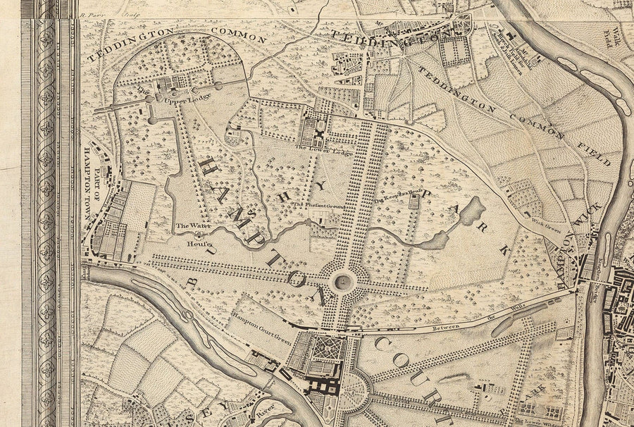 Ancienne carte de Londres en 1746 - 4 parties, panneaux encadrés, sans cadre - John Rocque Quadriptych