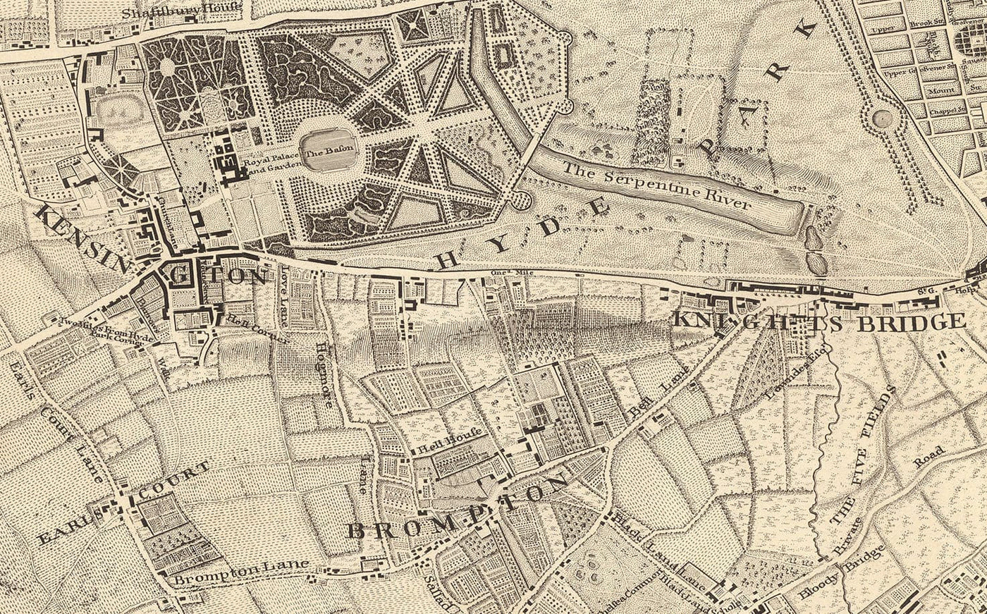 Antiguo mapa de Londres y 10 millas a la redonda, realizado por John Rocque en 1746, en el que aparecen Hackney, Wimbledon, Highgate, Richmond y otros suburbios de Londres