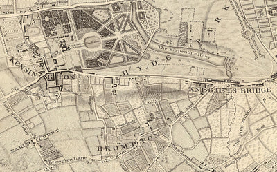 Antiguo mapa de Londres y 10 millas a la redonda, realizado por John Rocque en 1746, en el que aparecen Hackney, Wimbledon, Highgate, Richmond y otros suburbios de Londres