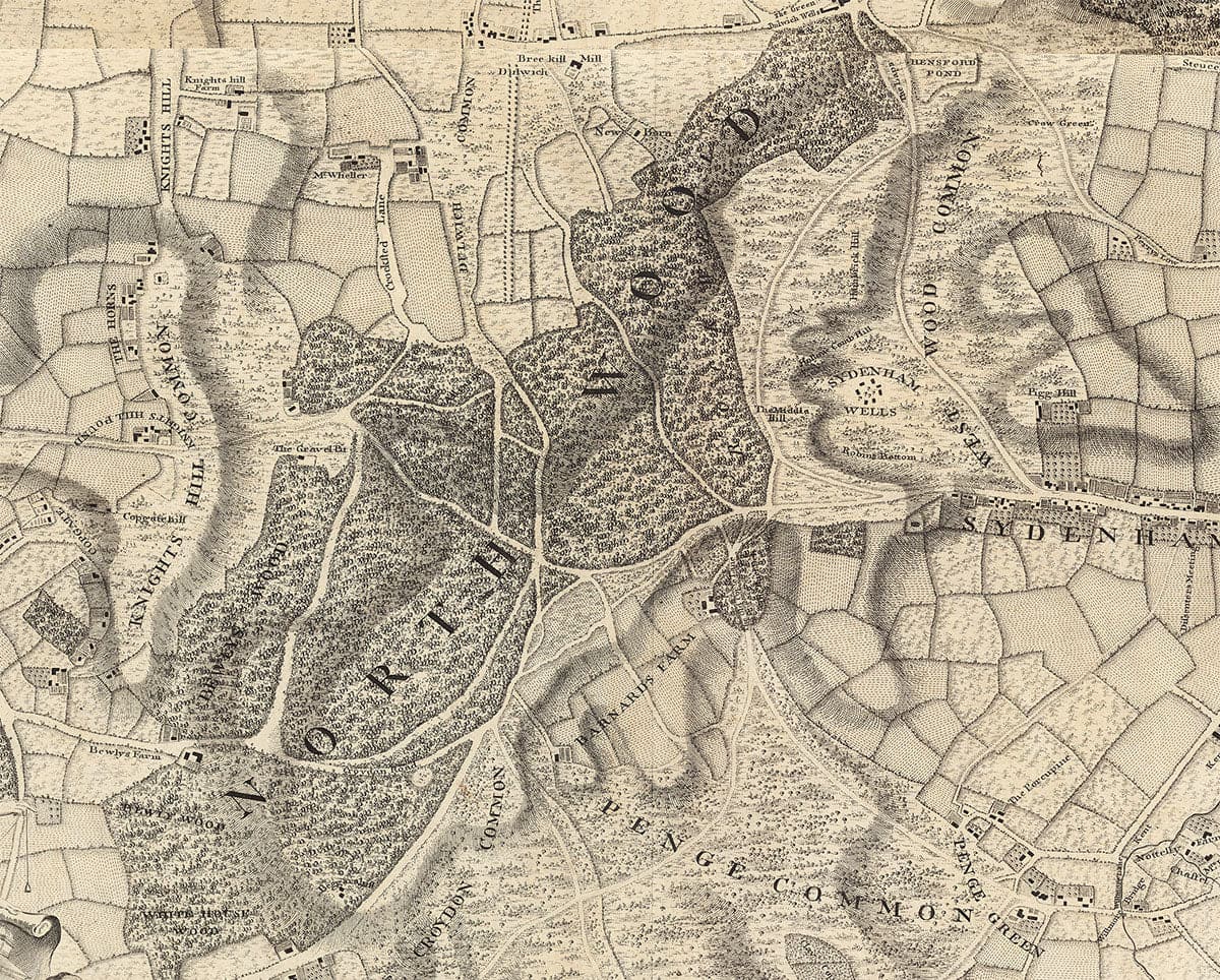 Antiguo mapa de Londres y 10 millas a la redonda, realizado por John Rocque en 1746, en el que aparecen Hackney, Wimbledon, Highgate, Richmond y otros suburbios de Londres
