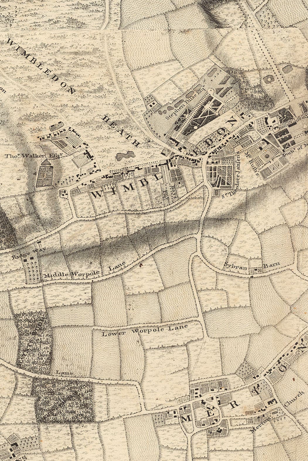 Antiguo mapa de Londres y 10 millas a la redonda, realizado por John Rocque en 1746, en el que aparecen Hackney, Wimbledon, Highgate, Richmond y otros suburbios de Londres