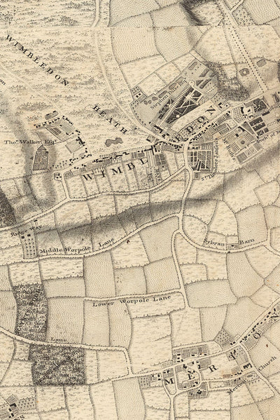 Antiguo mapa de Londres y 10 millas a la redonda, realizado por John Rocque en 1746, en el que aparecen Hackney, Wimbledon, Highgate, Richmond y otros suburbios de Londres