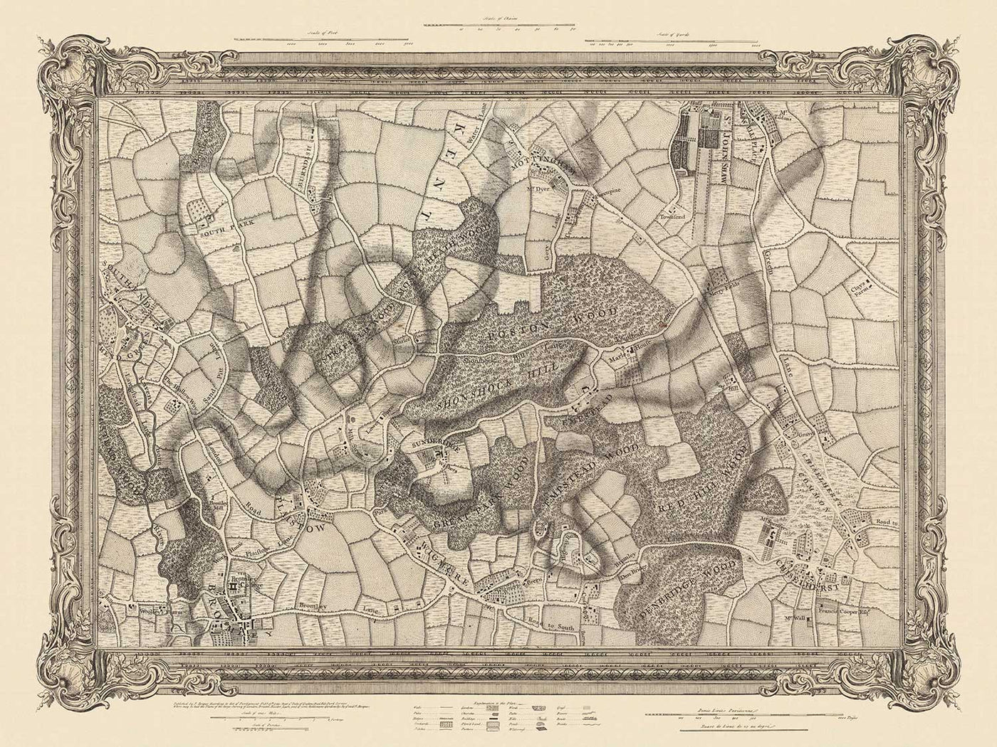 Old Map of South East London in 1746 by John Rocque - Chislehurst, Bromley, Mottingham, Southend, Widmore, SE6, SE12, SE9, SE13