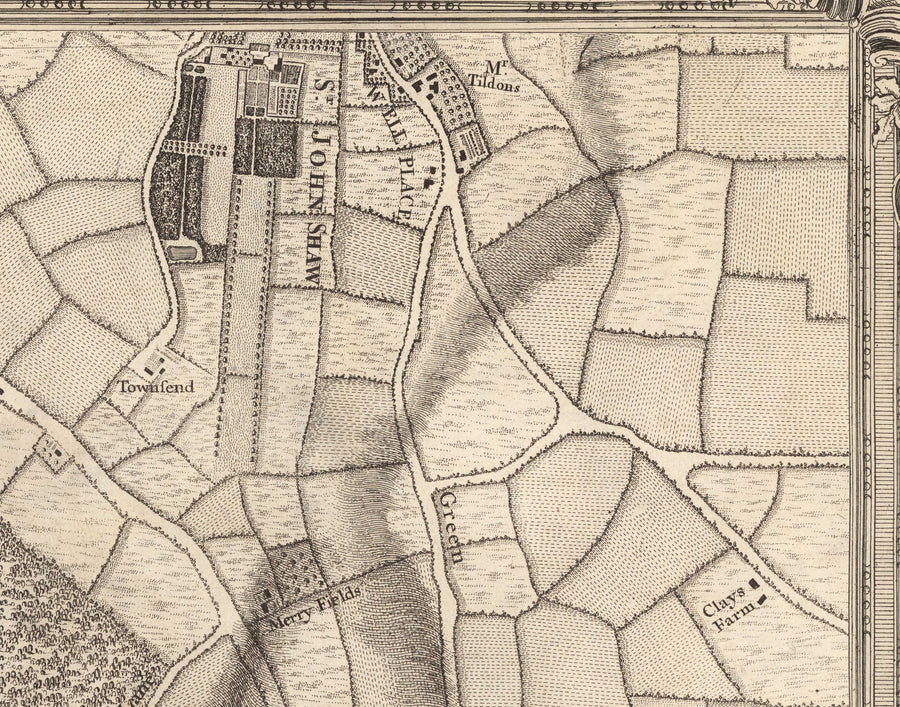 Ancienne carte du sud-est de Londres en 1746 par John Rocque - Chislehurst, Bromley, Mottingham, Southend, Widmore, SE6, SE12, SE9, SE13