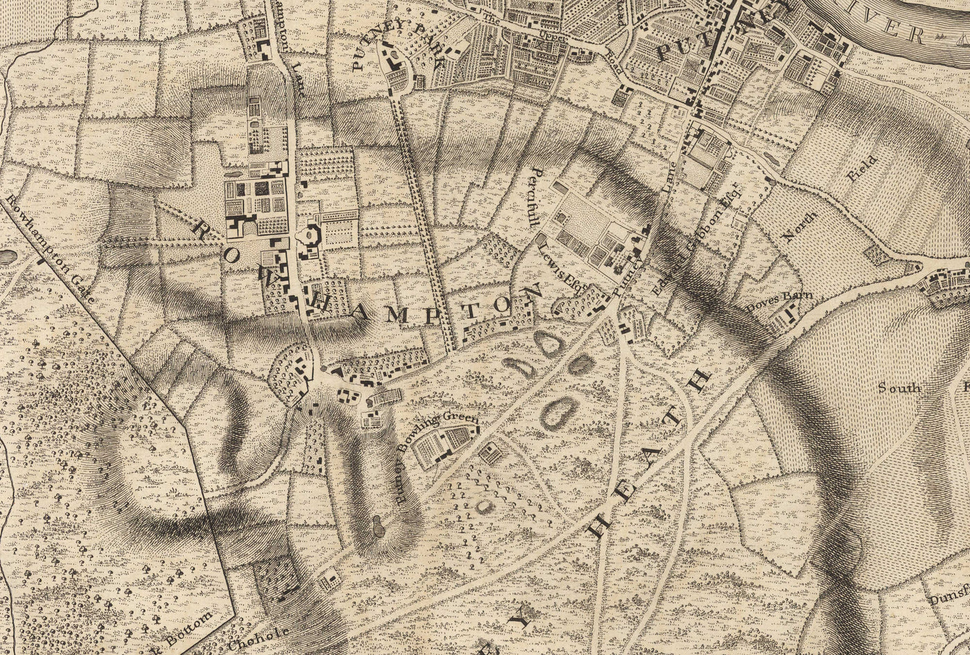 Mapa antiguo del oeste y suroeste de Londres en 1746 por John Rocque - Fulham, Wandsworth, Chelsea, Putney, Battersea, SW3, SW6, SW10, SW11, SW13, SW15, SW18 