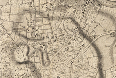 Mapa antiguo del oeste y suroeste de Londres en 1746 por John Rocque - Fulham, Wandsworth, Chelsea, Putney, Battersea, SW3, SW6, SW10, SW11, SW13, SW15, SW18 