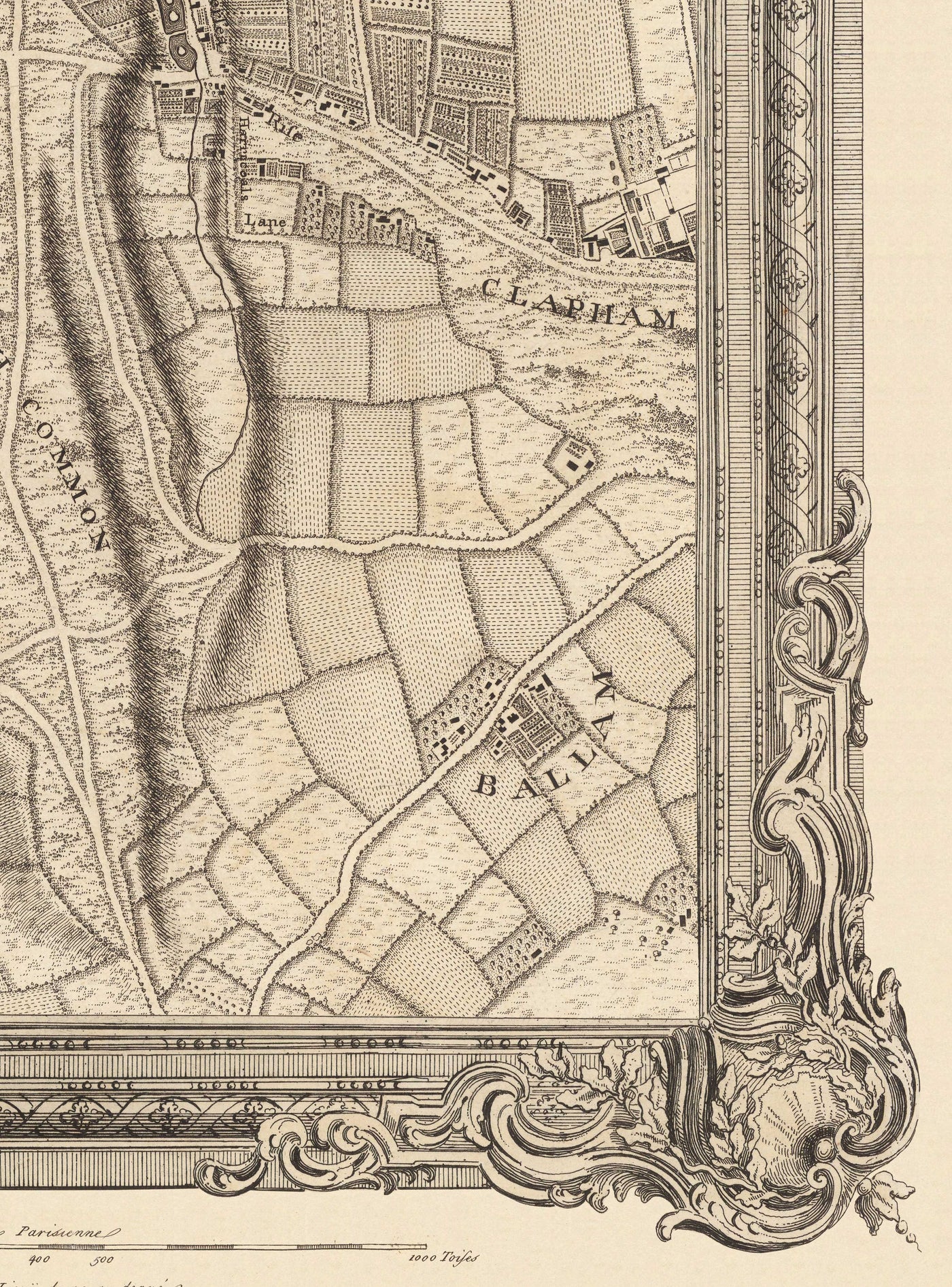 Mapa antiguo del oeste y suroeste de Londres en 1746 por John Rocque - Fulham, Wandsworth, Chelsea, Putney, Battersea, SW3, SW6, SW10, SW11, SW13, SW15, SW18 
