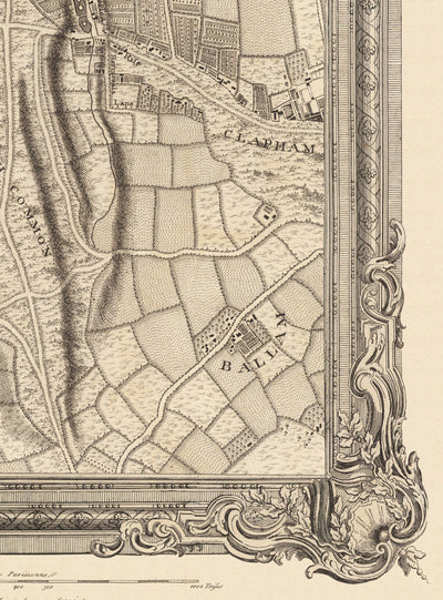 Mapa antiguo del oeste y suroeste de Londres en 1746 por John Rocque - Fulham, Wandsworth, Chelsea, Putney, Battersea, SW3, SW6, SW10, SW11, SW13, SW15, SW18 