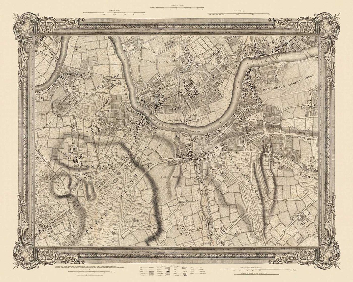 Mapa antiguo del oeste y suroeste de Londres en 1746 por John Rocque - Fulham, Wandsworth, Chelsea, Putney, Battersea, SW3, SW6, SW10, SW11, SW13, SW15, SW18 