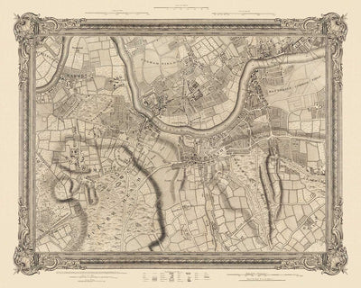 Mapa antiguo del oeste y suroeste de Londres en 1746 por John Rocque - Fulham, Wandsworth, Chelsea, Putney, Battersea, SW3, SW6, SW10, SW11, SW13, SW15, SW18 
