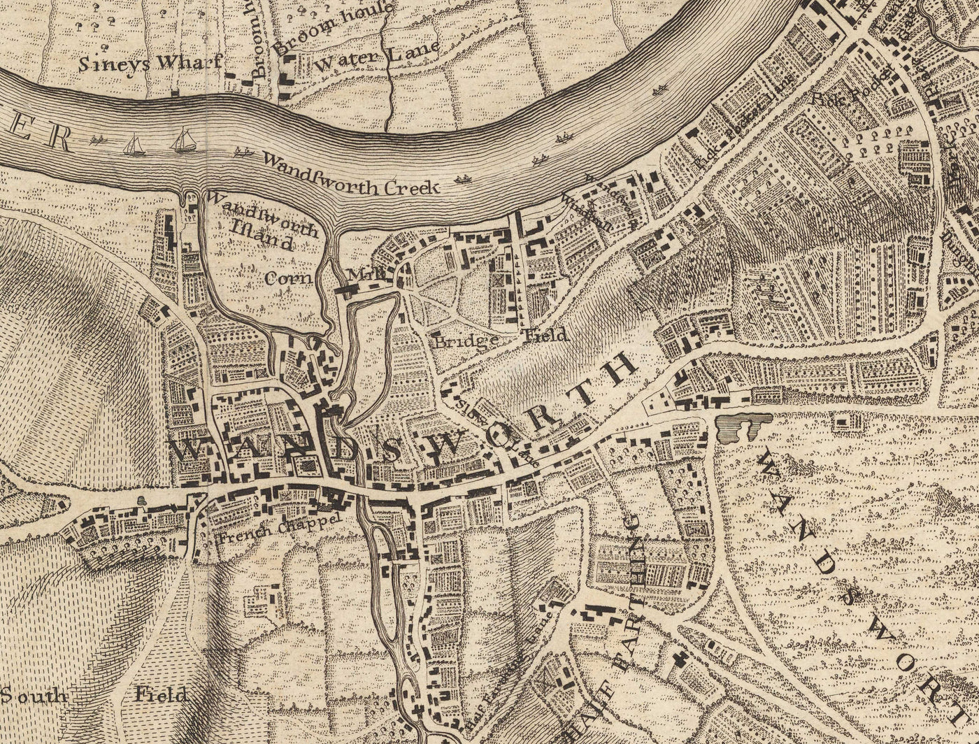 Mapa antiguo del oeste y suroeste de Londres en 1746 por John Rocque - Fulham, Wandsworth, Chelsea, Putney, Battersea, SW3, SW6, SW10, SW11, SW13, SW15, SW18 