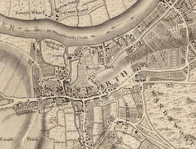 Mapa antiguo del oeste y suroeste de Londres en 1746 por John Rocque - Fulham, Wandsworth, Chelsea, Putney, Battersea, SW3, SW6, SW10, SW11, SW13, SW15, SW18 