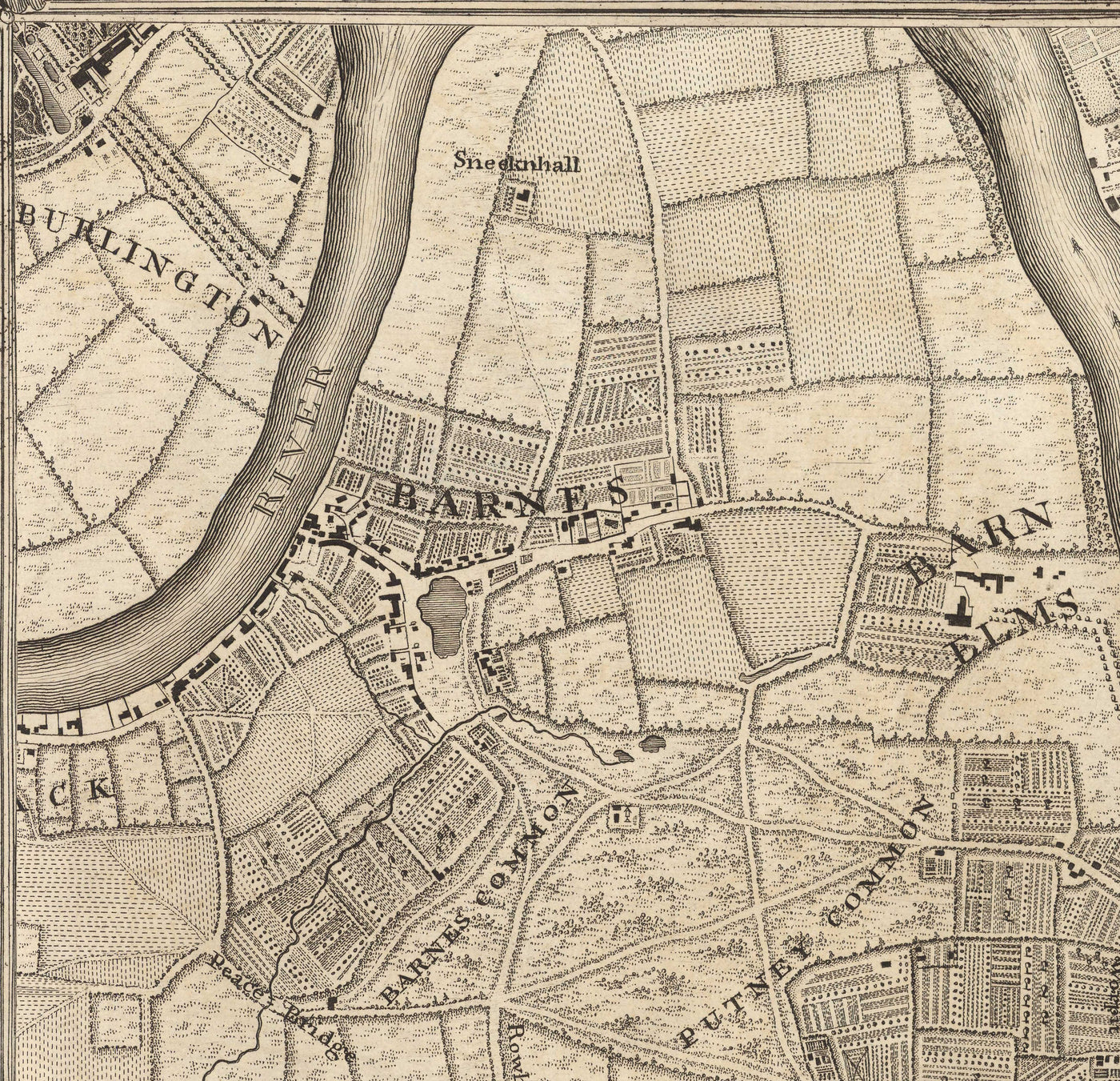 Mapa antiguo del oeste y suroeste de Londres en 1746 por John Rocque - Fulham, Wandsworth, Chelsea, Putney, Battersea, SW3, SW6, SW10, SW11, SW13, SW15, SW18 