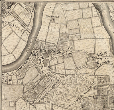 Mapa antiguo del oeste y suroeste de Londres en 1746 por John Rocque - Fulham, Wandsworth, Chelsea, Putney, Battersea, SW3, SW6, SW10, SW11, SW13, SW15, SW18 