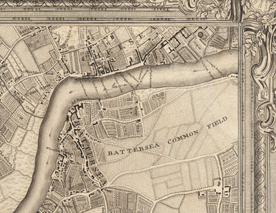 Mapa antiguo del oeste y suroeste de Londres en 1746 por John Rocque - Fulham, Wandsworth, Chelsea, Putney, Battersea, SW3, SW6, SW10, SW11, SW13, SW15, SW18 