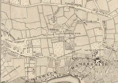 Antiguo mapa del oeste y centro de Londres en 1746 por John Rocque - Hamersmith, Kensington, Hyde Park, Knightsbridge, Shepherd's Bush, SW3,SW5, SW7, W2, W6, W10, W12, W14, NW8