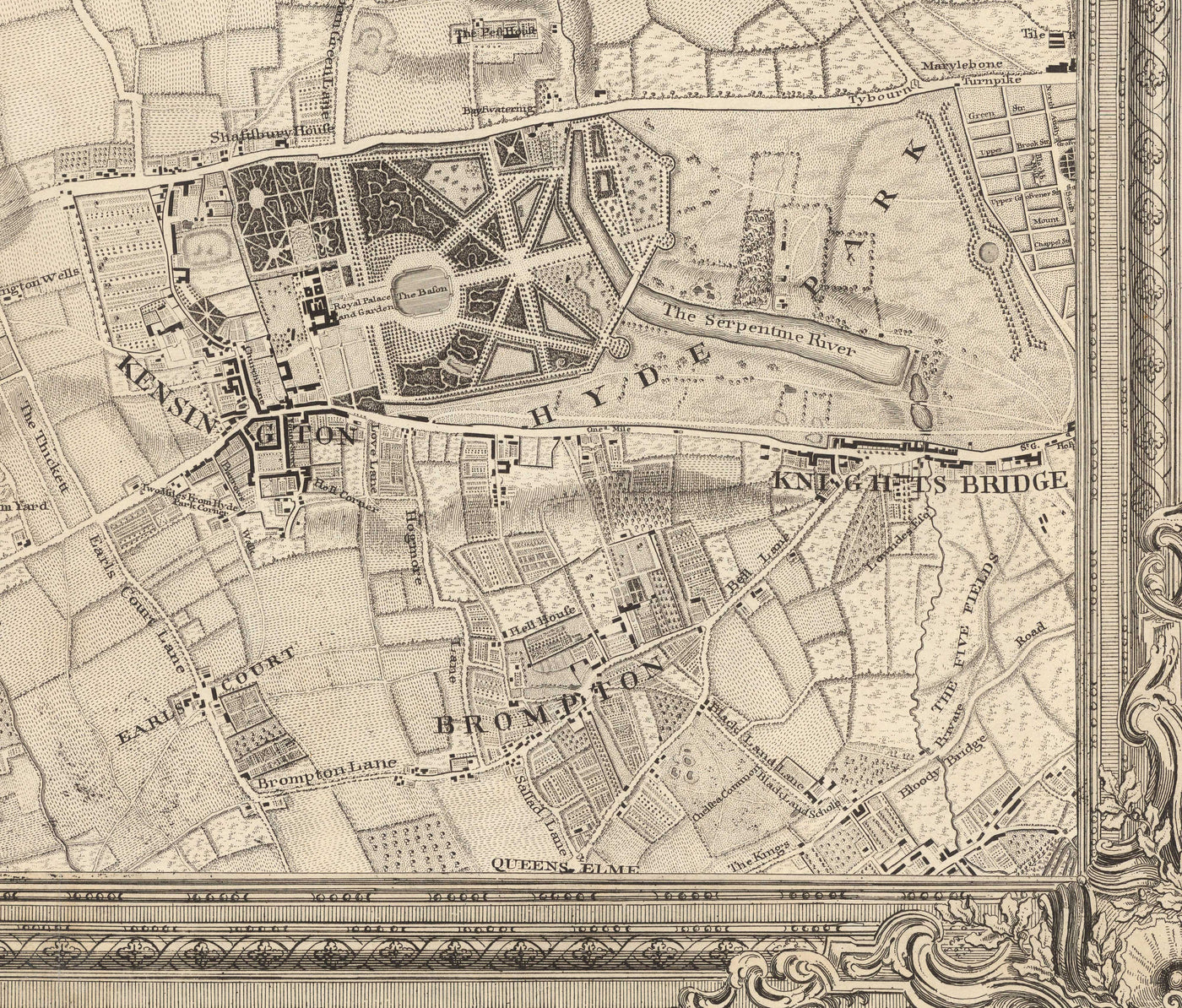 Antiguo mapa del oeste y centro de Londres en 1746 por John Rocque - Hamersmith, Kensington, Hyde Park, Knightsbridge, Shepherd's Bush, SW3,SW5, SW7, W2, W6, W10, W12, W14, NW8